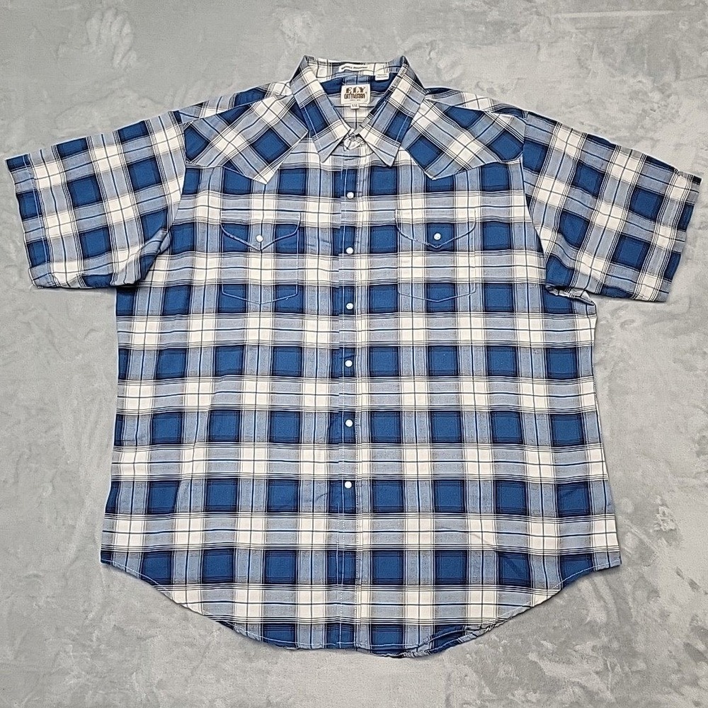 Ely Cattleman Shirt Mens XXL Blue Plaid Pearl Snap Western Short Sleeve Workwear